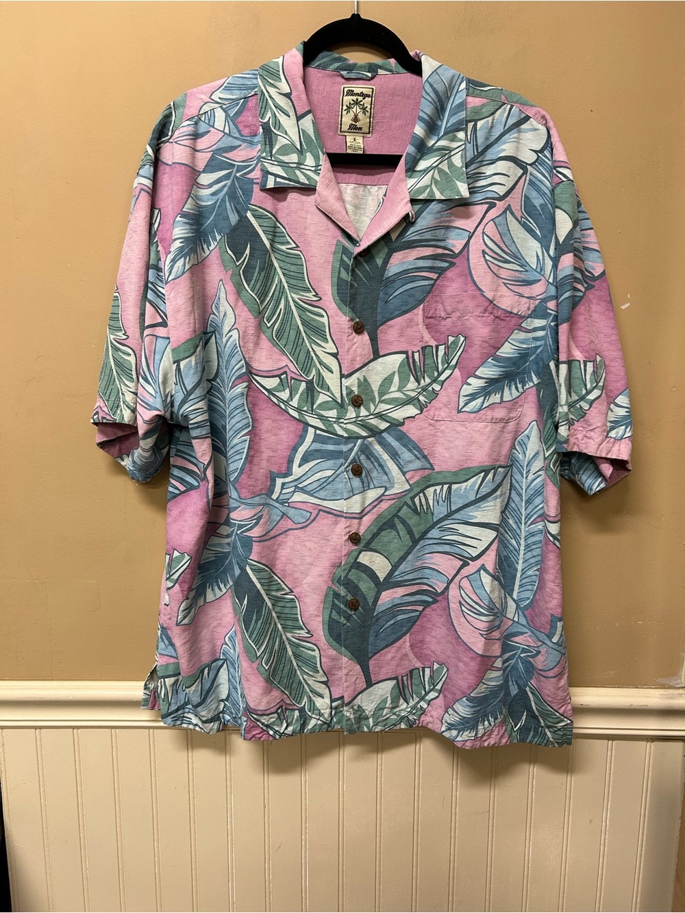 Montego Mon Silk Mens XXL Pink Floral Tropical Hawaiian Camp Shirt